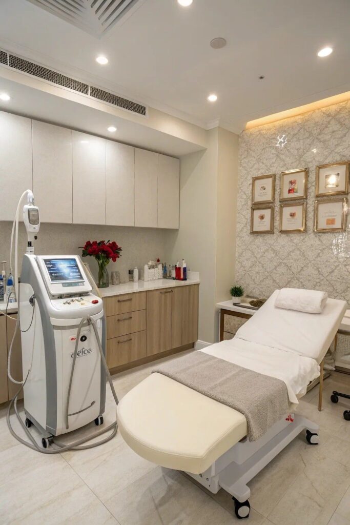 غرفة إجراءات تجميلية مجهزة بسرير وجهاز علاجي